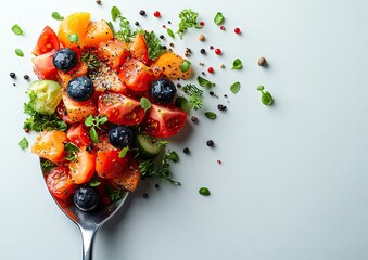 Colorful vegetable salad on a spoon, a healthy meal.