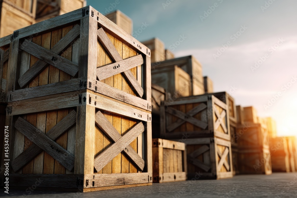 Poster bulk supply storage concept with wooden crates stacked under a sunset sky illustrating efficient inv