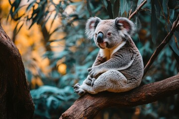 Fototapeta premium Koala bear relaxing on tree branch in Australian forest during golden hour, Australia wildlife Koala bear sits on tree branch in wild forest