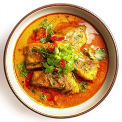 Delicious Red Curry Fish Dish Garnished with Fresh Cilantro and Chili Peppers