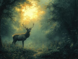 Majestic deer in a sunlit, misty forest.