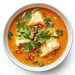 Delicious Spicy Fish Soup with Fresh Herbs and Chili Peppers in Bowl