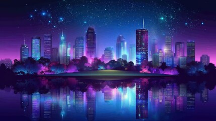 Fototapeta premium Cityscape at Night Reflected in Water with Starry Sky View