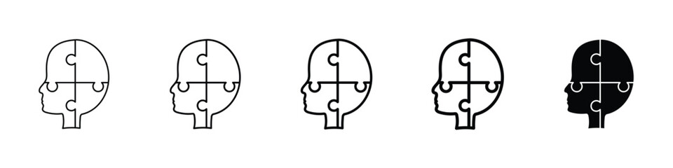Set of 5 pixel perfect People head with puzzles icon with 1 unexpanded, 1 silhouette, A human head silhouette filled with interlocking puzzle pieces representing cognitive function.