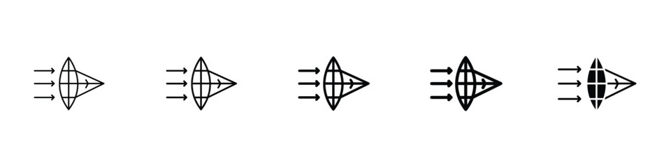 Set of 5 pixel perfect convex icon with 1 unexpanded, 1 silhouette, A convex lens icon with arrows showing outward refraction.