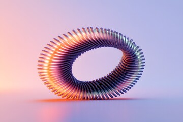 Abstract 3D spiral ring glowing in vibrant neon light purple and orange background modern technology design concept