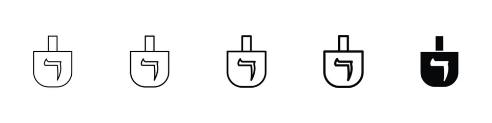 Set of 5 pixel perfect dreidel icon with 1 unexpanded, 1 silhouette, A spinning dreidel toy icon used in Hanukkah celebrations.