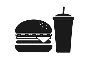Hamburger and soft drink cup silhouette vector illustration on white background