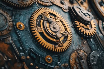 Intricate closeup of vintage mechanical gears showcasing metallic textures and detailed craftsmanship, Closeup of intricate mechanical gears with metallic highlights