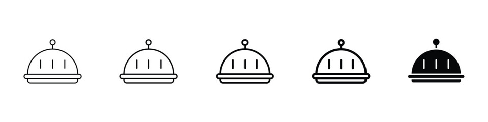 Set of 5 pixel perfect Food Tray and Cover icon with 1 unexpanded, 1 silhouette, A covered food tray icon indicating meal service or catering.