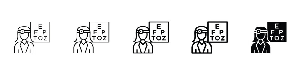 Set of 5 pixel perfect oculist icon with 1 unexpanded, 1 silhouette, An oculist or eye doctor icon with eyeglasses and eye chart.