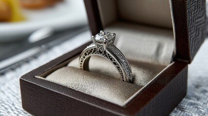 classy ring presentation in velvet box on white table