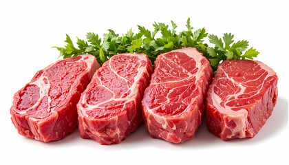 Four Raw Chuck Steaks with Parsley Garnish on White Background, Ready for Cooking