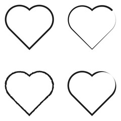 Heart vector icons. Heart contour correct shape blank black line, love vector symbol on white Background. Vector illustration.