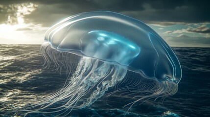 Hyper-detailed generative AI jellyfish drifting through the vast ocean, its semi-transparent bell pulsating with neon luminescence. 