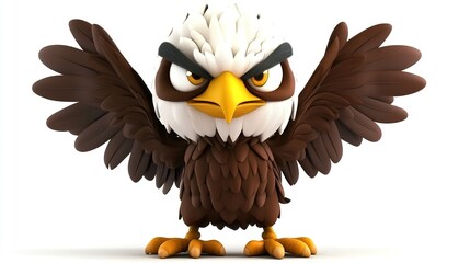 Fototapeta premium 3D Baby Eagle Cartoon Angry Standing Isolated on Transparent or White Background. Fierce and Expressive Young Raptor.