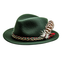A green alpine hat with a feather and decorative cord on a white  background
