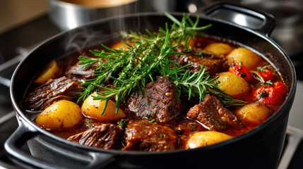 Fototapeta premium Aromatic beef stew simmering with tender meat, potatoes, and fresh herbs