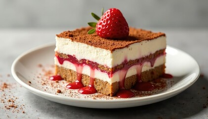 Close-up of a single serving tiramisu, showing texture , baked goods, texture