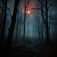 Obraz premium Misty Haunted Forest at Night Dark Atmospheric Digital Art