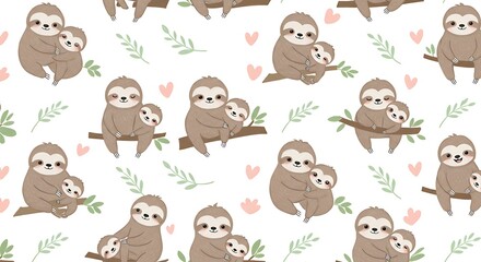 Obraz premium Sweet Sloth Mama & Baby: Adorable Pastel Pattern AI Generated