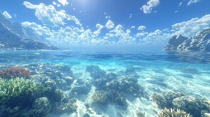 Clear and transparent sea water and blue sky and white clouds
