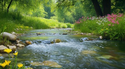 Fototapeta premium background of a serene riverbank surrounded by flowers, trees, and rocks, with clear water flowing gently, realistic style, natural lighting, tranquil and eco-friendly atmosphere