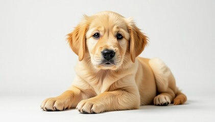 Golden Retriever puppy lies on white backdrop, dog portrait, pet