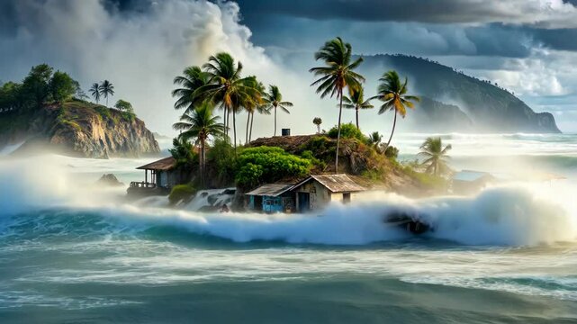 Small island homes bravely withstand the powerful surge of ocean waves.