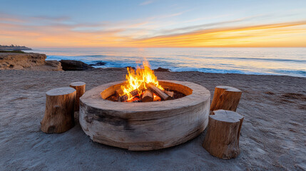 Cozy fire pit surrounded by wooden logs on beach at sunset, creating warm atmosphere