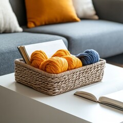 Cozy Living Room Yarn Basket Home Interior Decorative Content Warm Environment Close-up View Crafting Inspiration