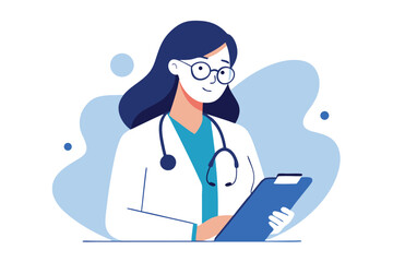 Kind female doctor, wearing glasses and a stethoscope, reviews patient notes on a clipboard