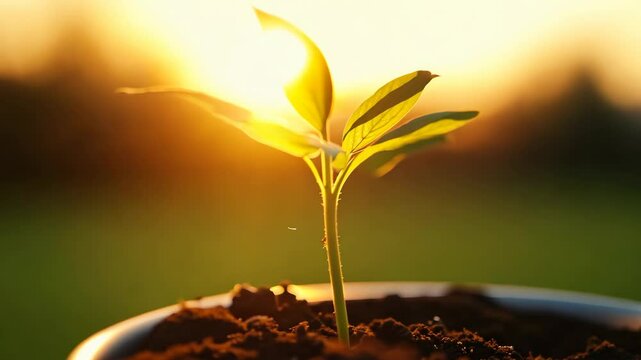 Timelapse growth of sunlit seedling in pot amidst golden hour backdrop