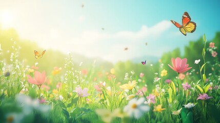 background of a sunny meadow filled with blooming flowers and butterflies fluttering around, realistic style, bright natural lighting, cheerful and ecological atmosphere