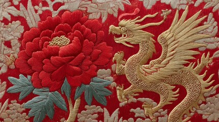 Obraz premium Intricate Embroidery of Dragon and Flower on Red Fabric Background