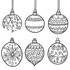 Six hanging Christmas ornaments, winter holiday decorations, white background, design element