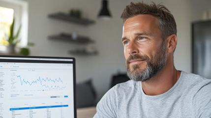 Young professional analyzing financial data on computer screen, reflecting on growth