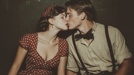 woman in vintage polka dot dress kissing man in suspenders