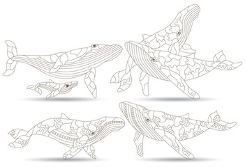 Fototapeta premium A set of contour illustrations in the style of stained glass with abstract whales, dark contours on a white background