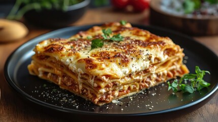 A plate of lasagna with melted cheese and herbs on top.