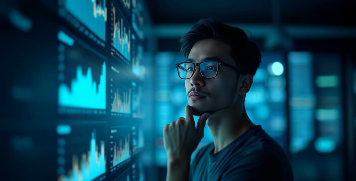 A super close-up of a thoughtful young male data analyst with floating holographic stock charts in a moody blue tech office.