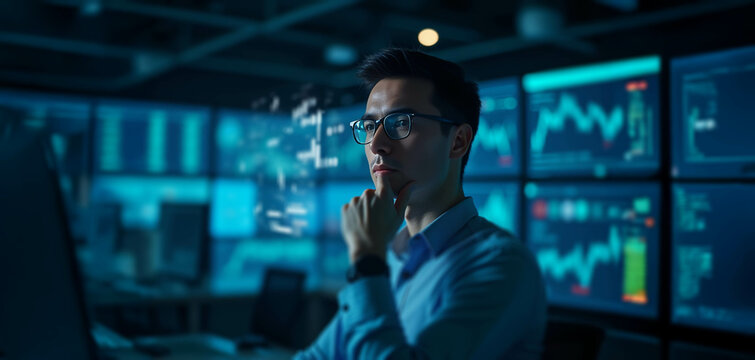 A super close-up of a thoughtful young male data analyst with floating holographic stock charts in a moody blue tech office. - Powered by Adobe