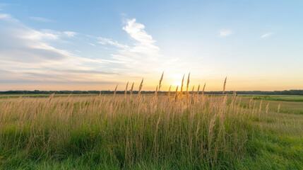 Obraz premium Golden grasses sway gently in warm sunset light, creating serene landscape