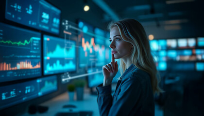 A super close-up of a thoughtful blond female data analyst with floating holographic stock charts in a moody blue tech office.