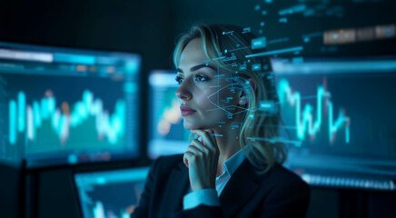 A super close-up of a thoughtful blond female data analyst with floating holographic stock charts in a moody blue tech office.