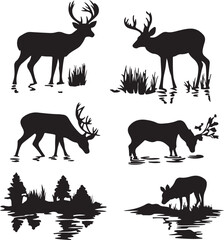 Deer Silhouettes Vector Illustration: Wildlife Animals in Nature, Antlers, Forest, Lake, Black and White Graphics for Design Projects