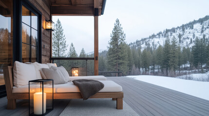 Cozy cabin porch with snowy landscape and peaceful ambiance, perfect for relaxation