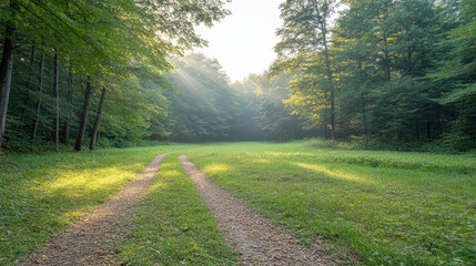 Fototapeta premium Lush forest path with sunlight filtering through trees, creating serene atmosphere