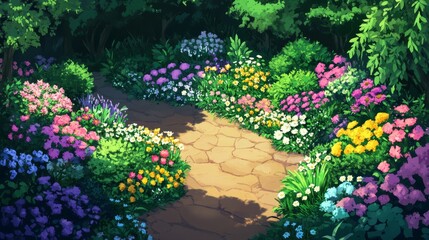 Fototapeta premium background of a well-maintained garden with colorful flower beds, pathways, and lush greenery, realistic style, soft lighting, peaceful and harmonious atmosphere