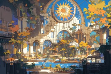 Obraz premium Elaborate structure with trees, a round window, and water reflection